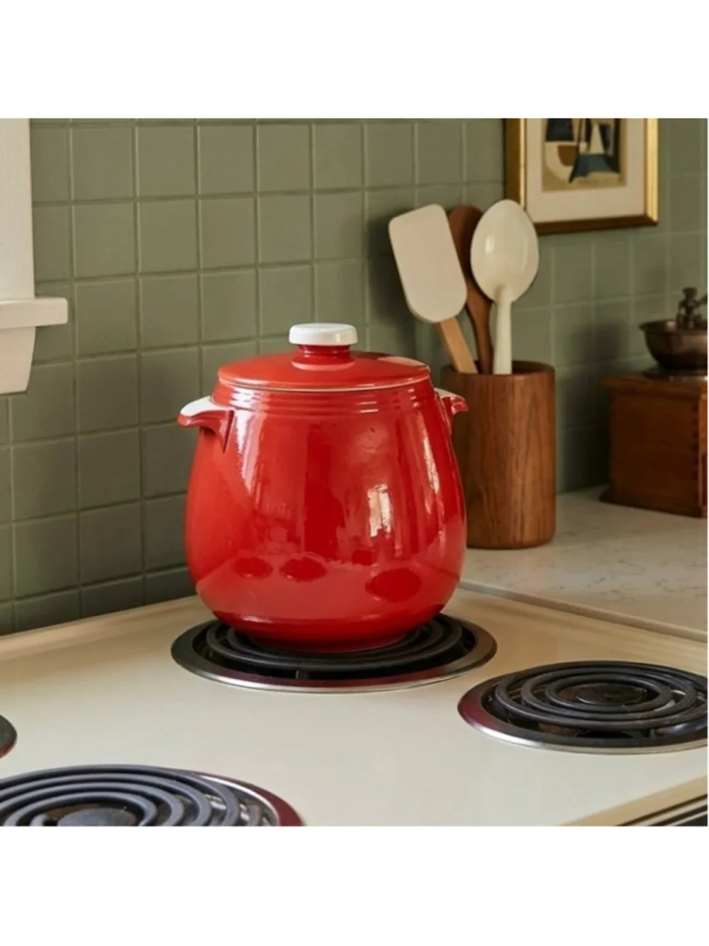 Vintage Hall China PERT Bean Pot Cookie Jar Chinese Red White Knob Lid MINT